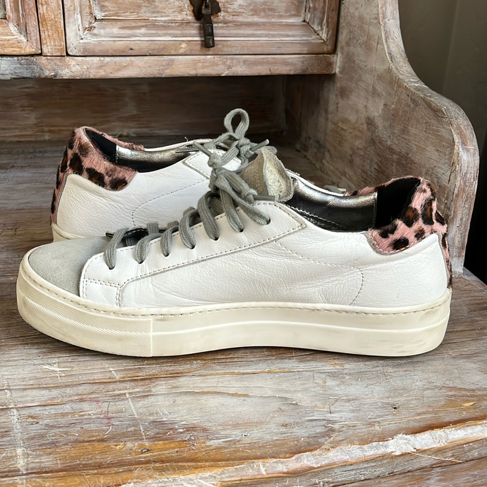 🤍 P448 White Leather Leopard Sneakers Size 39 Suede Toe Platform - Picture 4 of 12